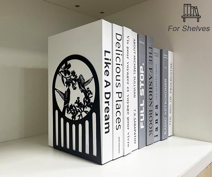 Weudes Hummingbird Book Ends, Metal Bookends for Shelves Decorative, Book Stopper for Heavy Books, Bookends for Home, Office, Library, School Use (Black)