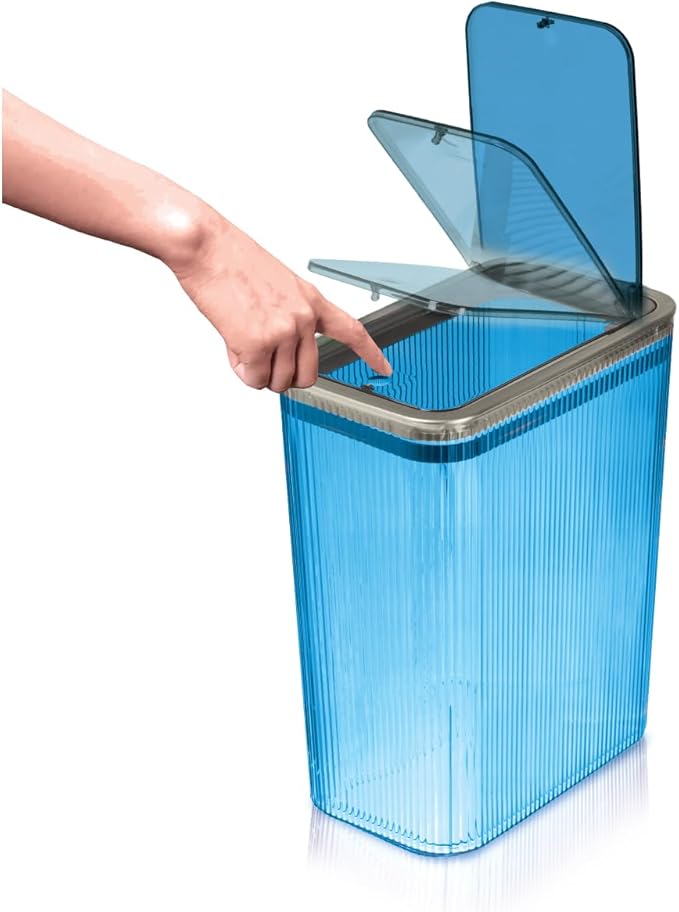 Glad Bathroom Trash Can, 2.6 Gallon (10L) - Slim Plastic Waste Basket with Pop-Up Lid and Bag Ring - Colored Clear Trash Can for Bedroom, Office, College Dorm - Blue