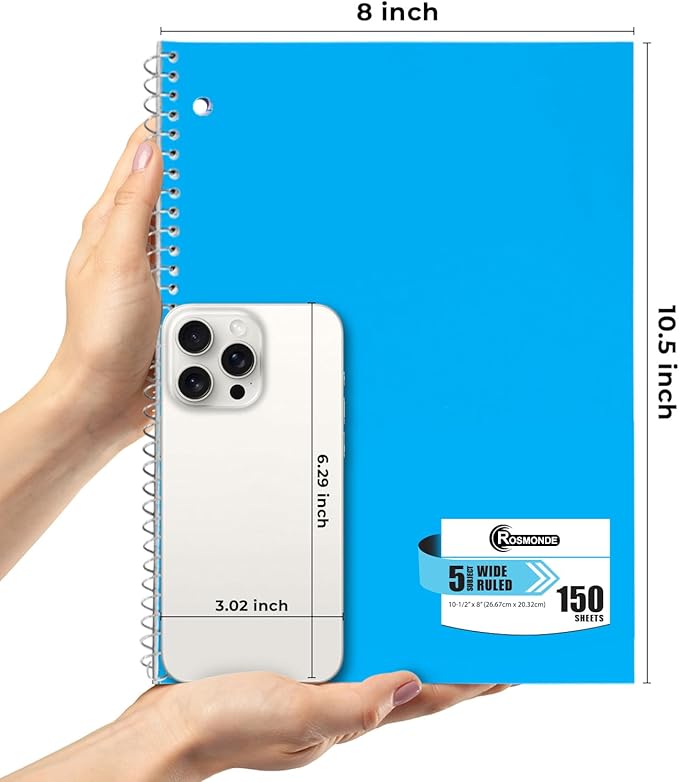 Rosmonde 36 Pack Spiral Notebook, 5 Subject, Wide Ruled, 300 Pages/Book (150 Sheets), 8 x 10-1/2", Bulk School & Office Spiral Notebooks, Sturdy Spiral Journal Notebook, Soft Cover, Assorted Colors