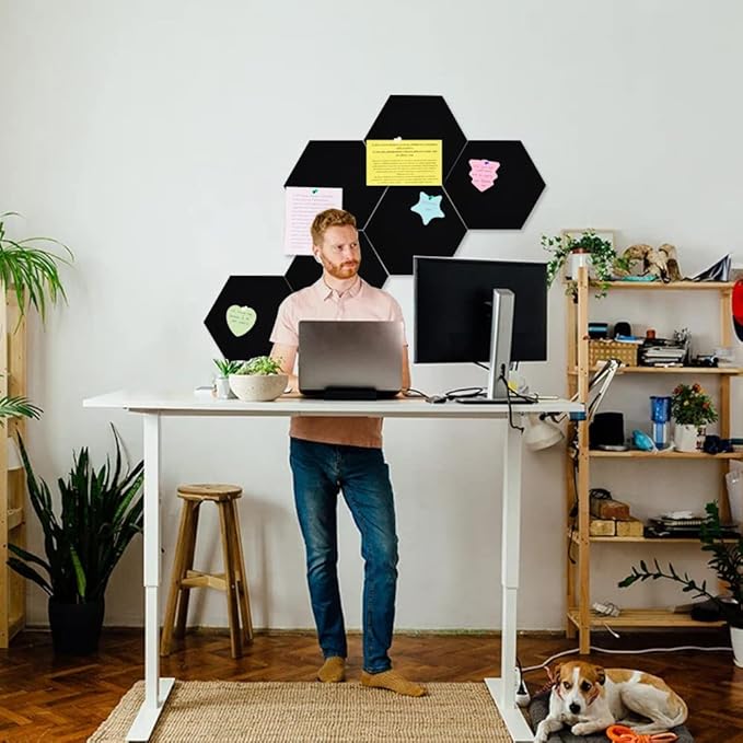 Vuzvuv 6 Pcs Hexagon Bulletin Board with 50 Pushpins & Sticky Note Adhesive Cork Board for Wall，Felt Pin Board for School，Office Decor（Black）