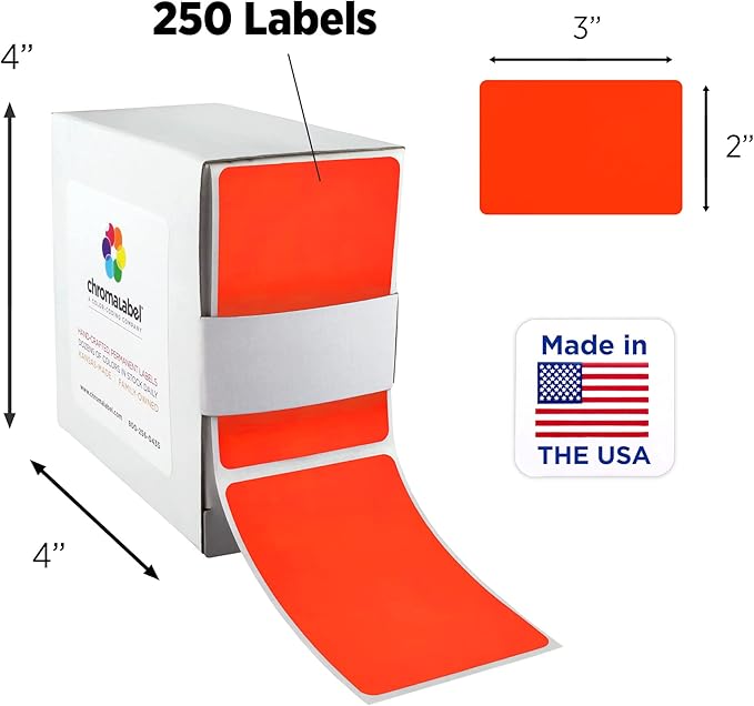 ChromaLabel 2 x 3 inch Permanent Color Code Rectangle Labels, 250 Labels per Dispenser Box, Fluorescent Red Orange