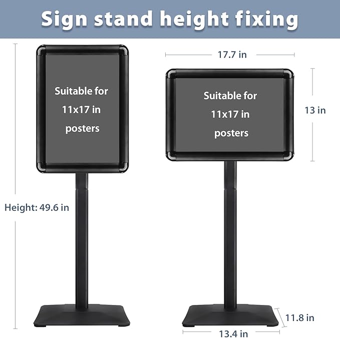 STANDNEE Heavy-duty Poster Stand Holder 11"x 17" Pedestal Floor Standing Sign Holder Vertical and Horizontal View Sign Display, Aluminum Snap Open Frame with Safety Corner, Black