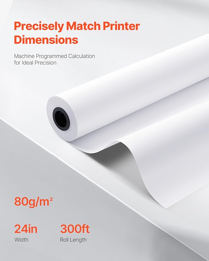 VEVOR Wide Format Paper, 24 in x 300 ft Plotter Roll, 2 Rolls CAD Bond Rolls with 2 in Core, 20 LB Bond Paper Rolls, Ideal for CAD Drawings, Engineering Plans, GIS Maps, and Architectural Designs