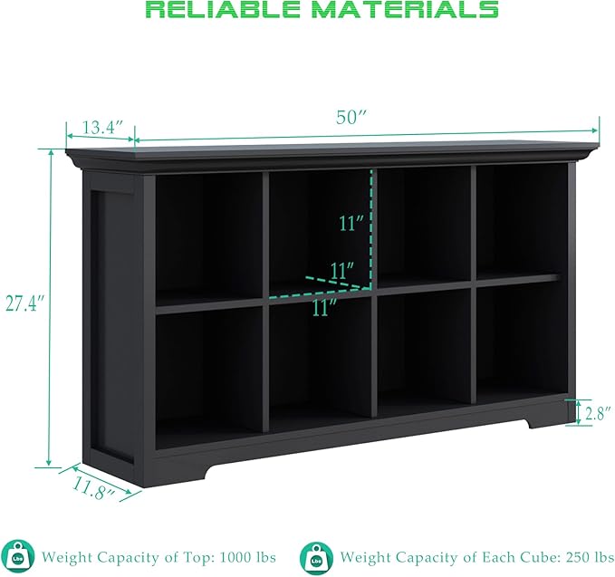 OSCHF Cube Shelf Bookcase with Base - Wooden 2 Tiers Floor Standing Low Storage Cabinet for Home and Office, 8-Cube Lattice Bookshelf, Black