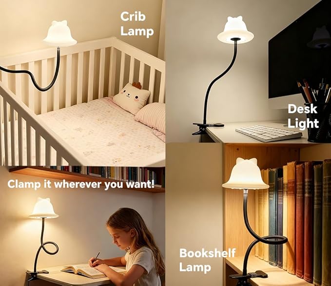 Rdzoko Clip On Light and Bed Reading Light, Clip on for Desk, Bedside Lamps for Dorm, College Dorm Room Essentials, Night Light for Kids Nursery, Multicolor LEDs, Adapter Included
