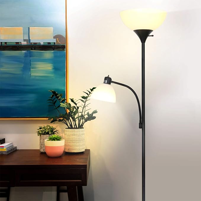 Brightech Sky Dome Plus LED Floor lamp, Torchiere Super Bright Floor Lamp with Reading Lamp for Living Rooms & Offices - Dimmable Tall Standing Lamp for Bedroom Reading - Black