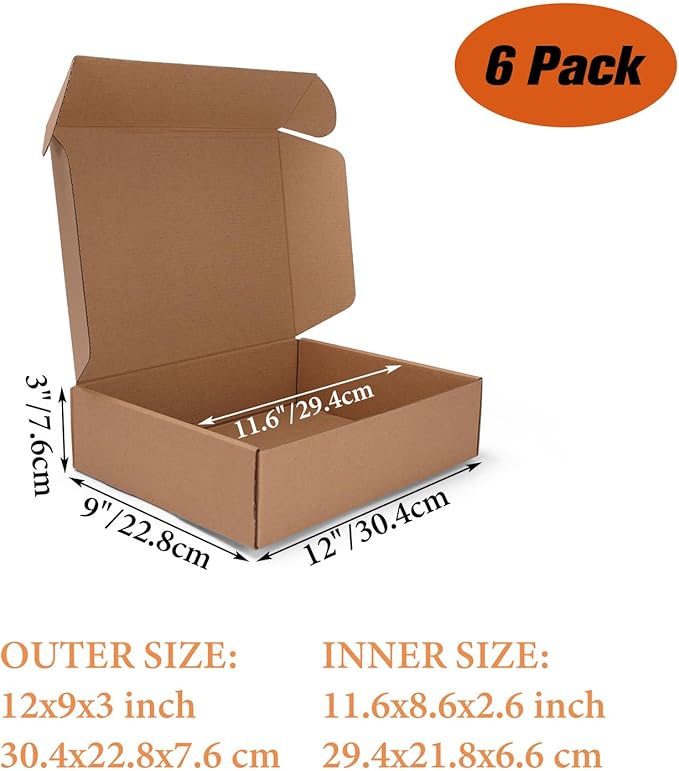 PHAREGE 12x9x3 inch Shipping Boxes 6 Pack Brown, Tab Lock Tuck Top Mailer Boxes for Packaging Small Business, Medium Cardboard Gift Boxes for Wrapping Mailing Present