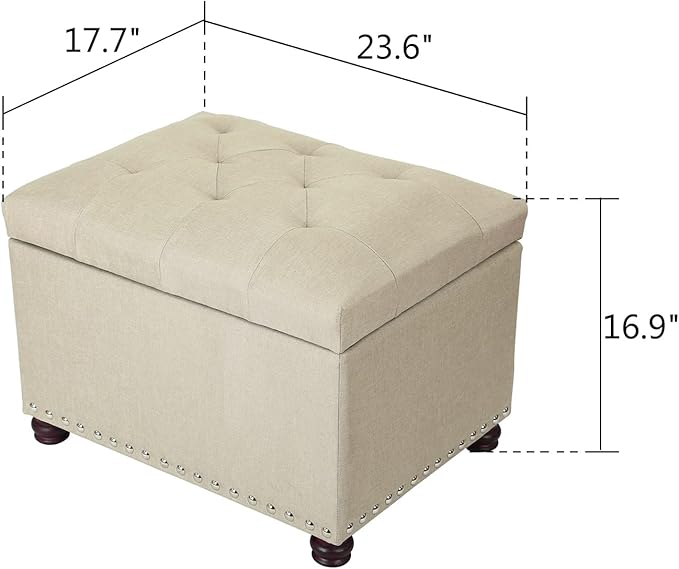 Decent Home 24" Storage Ottoman, Fabric Ottoman Foot Rest Stool with Hinged Lid, Tufted Rectangle Upholstered Footstool, Load Up to 350 lb, for Living Room, Bedroom, Dorm, Tan