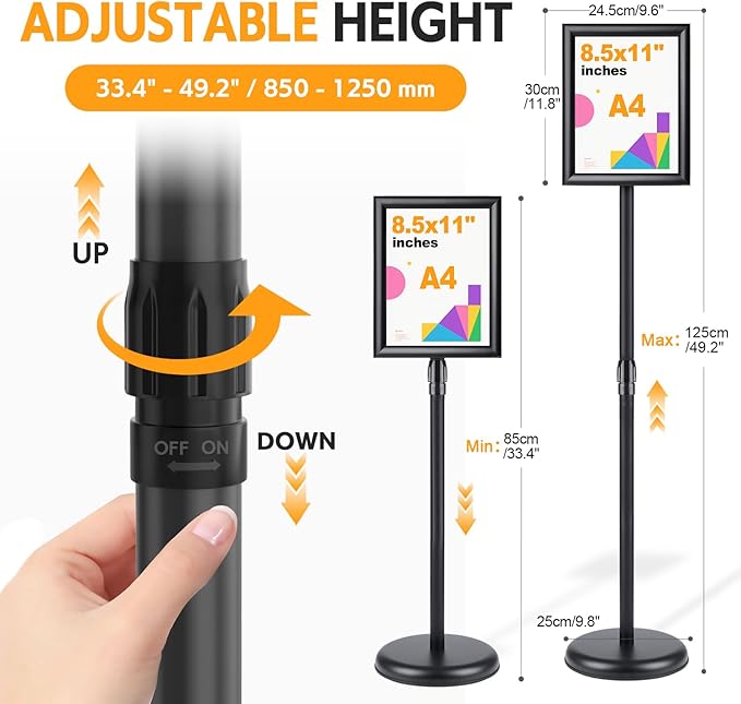 RedChili 2 Pack Sign Holder Stand 8.5x11 Inch, Adjustable Floor Standing Sign Holder Signage Stand with Aluminum Snap-Open Frame Vertical Horizontal View Display For Malls Schools Restaurants (Black, Sharp Corner)