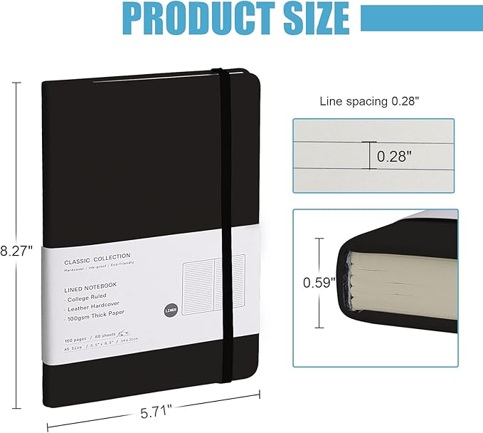 EMOMAS Lined Journal Notebook, 6Pack Hardcover Notebook for Men & Women – Journals for Writing, Work, School, Home & Daily Notes, 160 Pages – Medium A5, 5.7"x8", 100 gsm Thick Paper (Black)