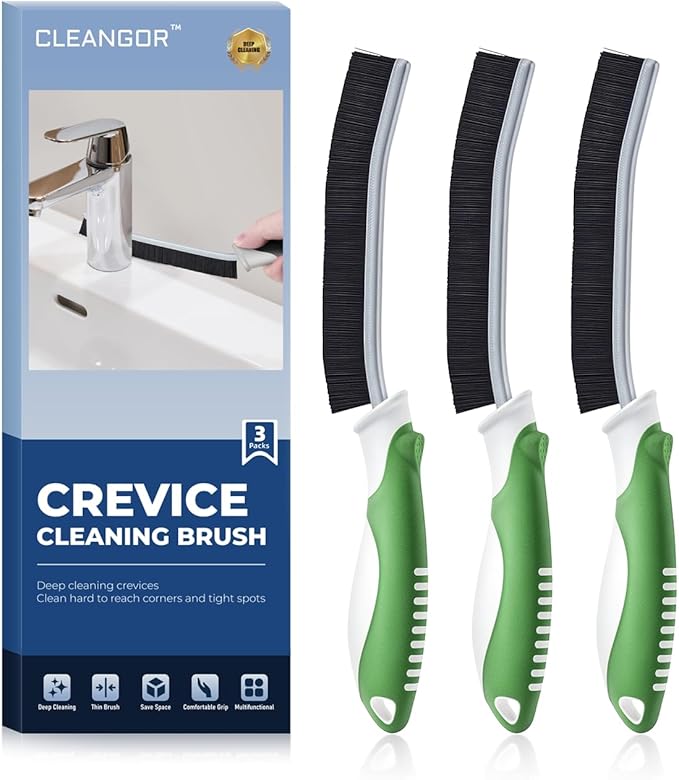Cleangor Crevice Cleaning Brushes, Scrub Brush for Hard to Reach Small Space, Home Essentials, Cleaning Supplies, Cleaning Tools for Household Use, Bathroom, Shower, Kitchen, Toilet, Window (3, Green)