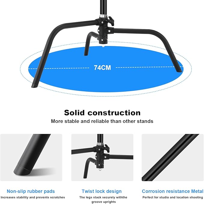 soonpho Heavy Duty C Stand with Boom Arm,Black Stainless Steel Tripod Base Adjustable Photography Light Stand with Grip Head/Sand Bag for Lighting,Overhead Shooting,Reflector,Softbox,Umbrella...