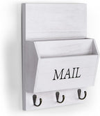 DLQuarts Mail Organizer with Key Holder for Wall Decorative Mail Sorter Wall Mounted, Wooden Mail Holder with 3 Hooks, White