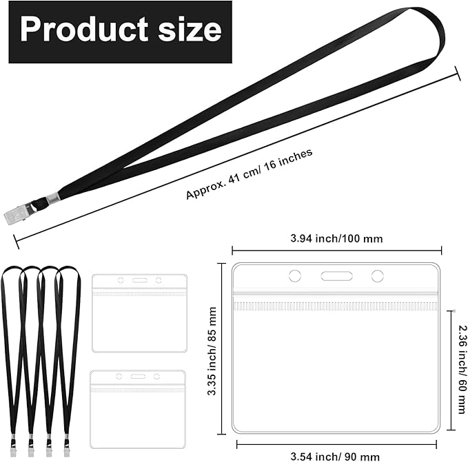 100 Pcs Lanyards for ID Badges and 100 Pcs Clear Name Tag Holders Reusable Lanyard with Clip Plastic ID Card Badge Holder Name Badges for Adults Kids Business School Office Supplies (Black)