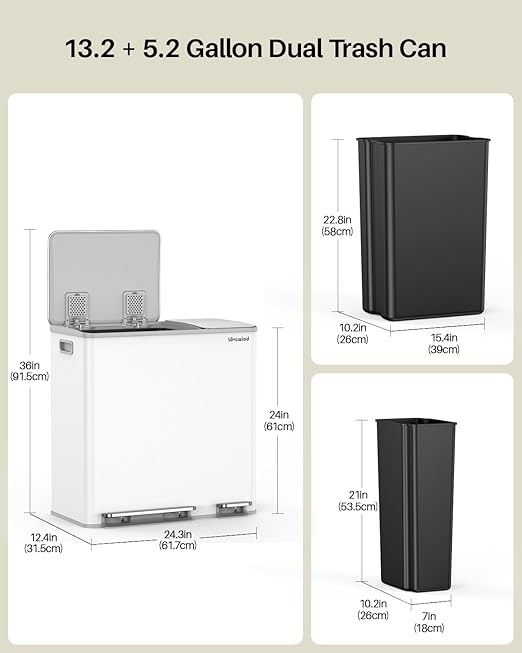 Dual Trash and Recycling Bins for Kitchen, 13.2 + 5.2 Gal (50+20L) Stainless Steel Trash and Recycle Bin Combo with Soft-Close Lid, Large Garbage Cans for Kitchen Home with 2 Magnets Sticker, White