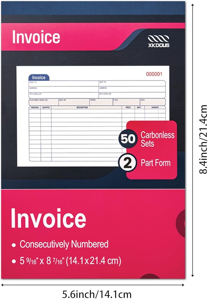 XKDOUS 10 Pack Invoice Book, 2-Part Carbonless, 5-9/16" x 8-7/16" Invoice Receipt Book for Small Business, 50 Sets per Book
