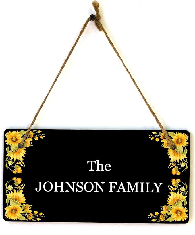 Signs ByLITA Sunflower Corners Black Background Personalized Hanging Wall or Door Sign (5 x 10") | Custom Signage for Your Home & Business