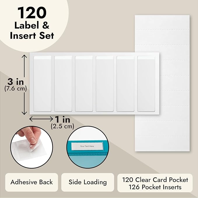 Juvale Clear Vinyl Binder Spine Label Pockets - Adhesive Label Pockets for Binders - Vinyl Sleeves for File Organizers - Clear Sleeves & Cardstock Inserts - 120 Holders & 126 Inserts, 1x3in
