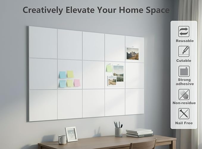 G Gamit Large Felt Wall Tiles Bulletin Board 59”x36”,Large Cork Board Alternative with 60 Pushpins,15 Pack Felt Pin Board with 112 Safe Removable Adhesive Tabs for Home Office School (White)