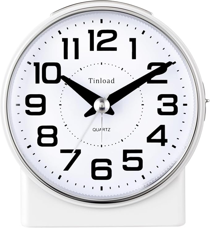 Tinload 4.3" No Ticking Analog Alarm Clock,Silent Readable for Seniors,Easy to Set,Gradual Rise Alarm,Big Numbers,On/Off Switch on Side,Gentle Wake,Snooze,Lighted on Demand,Battery Operated,White