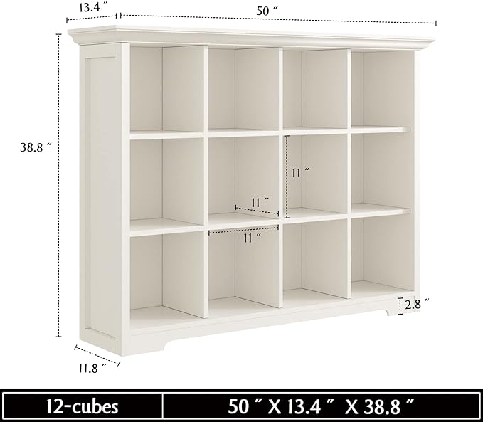 OSCHF Wooden Cube Bookcase with Base - Modern 3 Tiers Floor Standing Open Shelf Cabinet for Home and Office, 12-Cube Lattice Bookshelf, Warm White