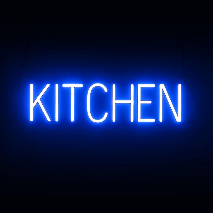 SpellBrite KITCHEN Sign | Directional Sign with Neon Look, Blue LED Light Source | 25.1" x 6.3"