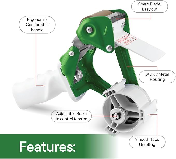TAPEWELL Heavy Duty Metal Frame 2 Inch Wide Packing Tape Dispenser Gun with Special Ergonomic Handle, 3" Core, Premium Tempered Steel Blade