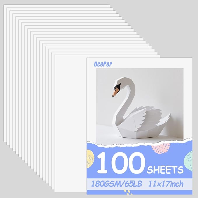 OcePor 100 Sheets White Cardstock 11” x 17”, 65lb/180gsm White Card Stock, Thick Card Stock Paper, Heavy Cardstock Paper for Printer, Resume, Scrapbooks, Art, Crafts, Business Cards