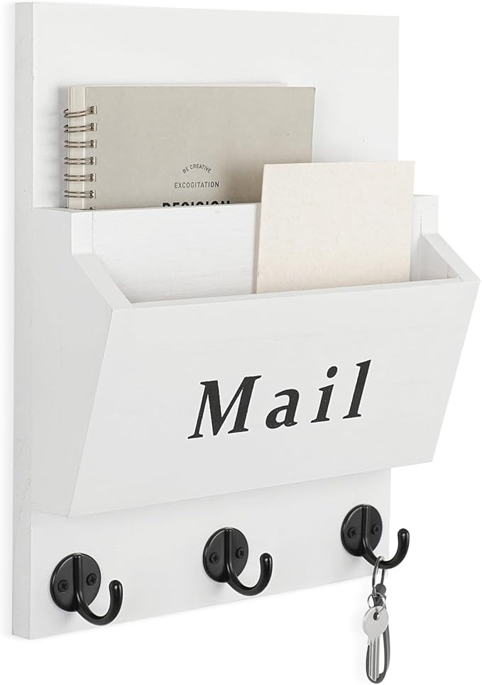 Lucundm Mail and Key Holder - Decorative 8.86" x 11.42" Wall Key Hanger with 2 Mail Organizer Slots and 3 Hooks - Real Paulownia Wood with Keyhole Brackets, Hardware and Instructions (White)