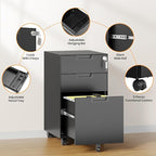 AFAIF 3 Drawer File Cabinet with Lock, Fully Assembled Metal Mobile Filing Cabinets for Home Office, Small Rolling File Caninet on Wheels for Legal/Letter / A4 File, Black