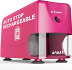 AFMAT Electric Pencil Sharpener, Cordless & Rechargeable, Heavy Duty Classroom Pencil Sharpeners for 6-11 mm Pencils, Auto Stop, 2s Fast Sharpening, Battery Powered, 10,000 Sharpenings, Pink, PSD3