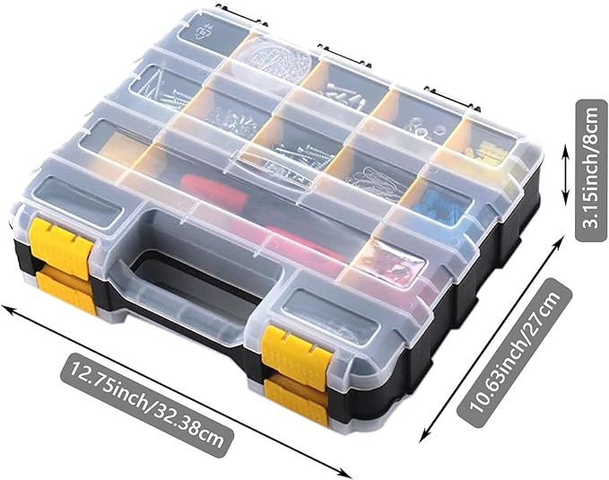 Hardware Organizer Box 34 Compartments Small Parts Organizer with Removable Dividers Durable Plastic Double Side Tools Box Screw Organizer For Nuts, Bolts, Screws, Nails, Small Hardware (Yellow)
