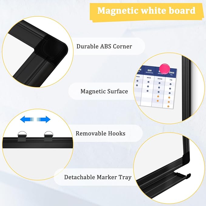 AMUSIGHT Double-Sided Magnetic Whiteboard, 30" x 20" Dry Erase Board Black Aluminum Frame for Wall, White Board Dry Erase Marker Board for Kitchen, Memo, School, Home, Office