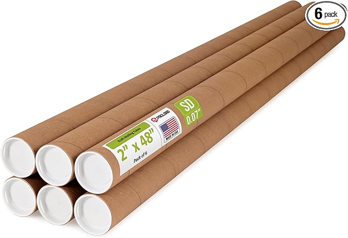 Paclord 2" x 48" Reinforced Kraft Paper Mailing Tube, Pack of 6 Tubes with 12 Caps – Secure USPS Approved Poster Tube – Cardboard Tube for Shipping and Storing Posters, Prints, Artwork, or Documents