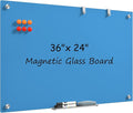 MaxGear Glass Whiteboard, Tempered Magnetic Dry Erase Board Blue, Frameless Wall Mounted, Office Classroom Conference Room Home Use, Includes Markers, Eraser, Magnets & Mounting Kit