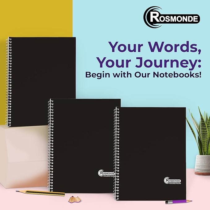 Rosmonde 1 Subject Spiral Notebook, 12 Pack, College Ruled, Water Resistant Cover, Thick 140 Pages/Book (70 Sheets), 8 x 10-1/2, 3 Hole, Bulk School & Office, Black Cover