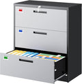 PEUKC 3 Drawer File Cabinet, Lateral Filing Cabinets for Home Office, Office Storage Drawers with Lock, Hanging Files Legal/Letter A4 Size (Assemble Required,Black Grey)