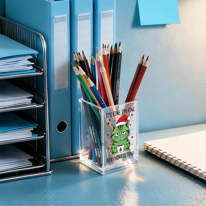 QYUVK It's Fine I'm Fine Everything Is Acrylic Makeup Brush Pencil Holder Cup, Funny Cat Pen Holder Gifts For Friends HR Nurse, Christmas Office Gifts for Women Coworker, Pencil Cup for Desk