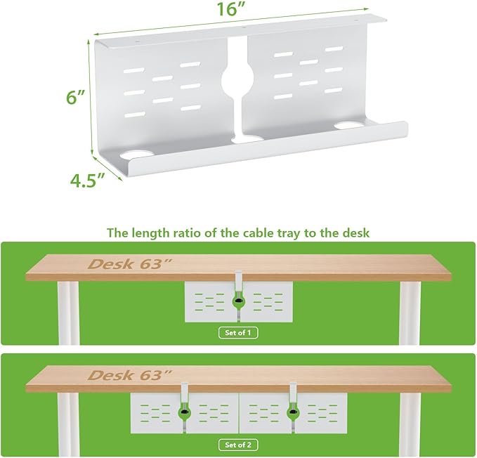 KEEGH 16" Under Desk Cable Management Tray, 2 Pack Desk Cord Organizer Upgrade Capacity, Drill Free Clamp/Screw Mount, Sturdy Metal Tray for Connect Cables, Home, Office, White