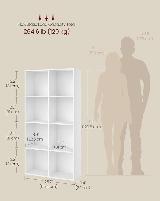 VASAGLE Custos Collection - Bookshelf, Bookcase, Cube Shelf with 8 Compartments, 9.4 x 25.8 x 51 Inches, Storage Shelf, for Living Room, Home Office, Dining Room, Cloud White ULBC424W01