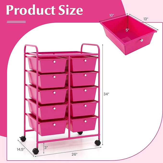 LDAILY 10 Drawer Rolling Cart, Storage Cart Organizer on Wheels, Drawer Cart with Metal Frame & Large Storage Capacity, Rolling Cart with Drawers for Living Room Classroom, Office