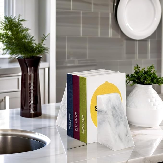 Ottimo Polished Heavy Stone Marble 6" Book Ends for Bookshelf Decor, Home, Office or Kitchen Shelves. Heavy, Triangular, and Decorative Book Stopper with Anti-Slip Pads, Great Gift Idea (White)
