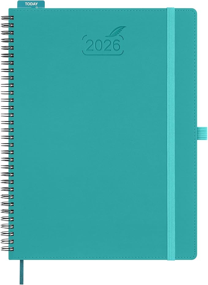 BEZEND 2026 Planner Weekly and Monthly (8.5" x 11" Spiral) Daily Calendar with Hourly Timeslots & Tab (Jan-Dec) Note & Expenses, Pen Holder, Inner Pocket, Vegan Leather Softcover - Turquoise