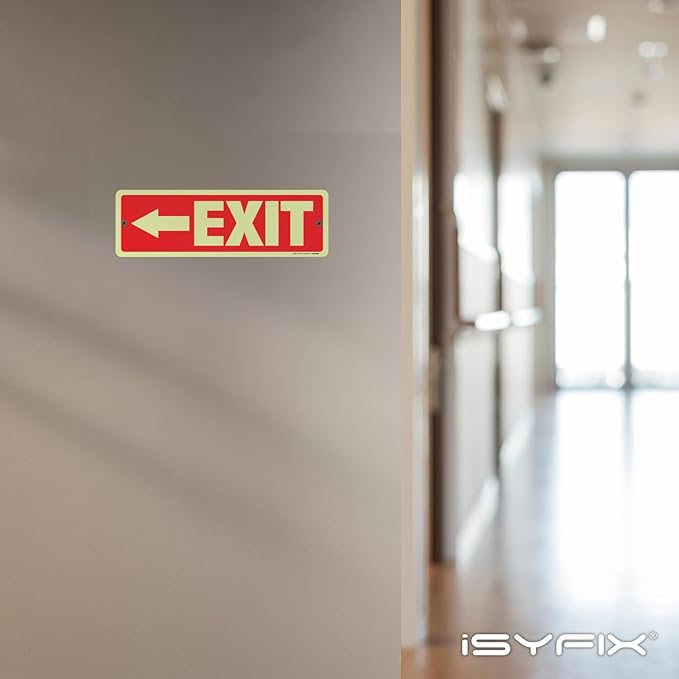iSYFIX Exit Signs with Directional Left Arrow, Glow in the Dark, Photoluminescent Aluminum 12x4 Inch - 2 Pack, Laminated for UV & Weather Resistance, Ideal for Offices, Schools, Theaters & More