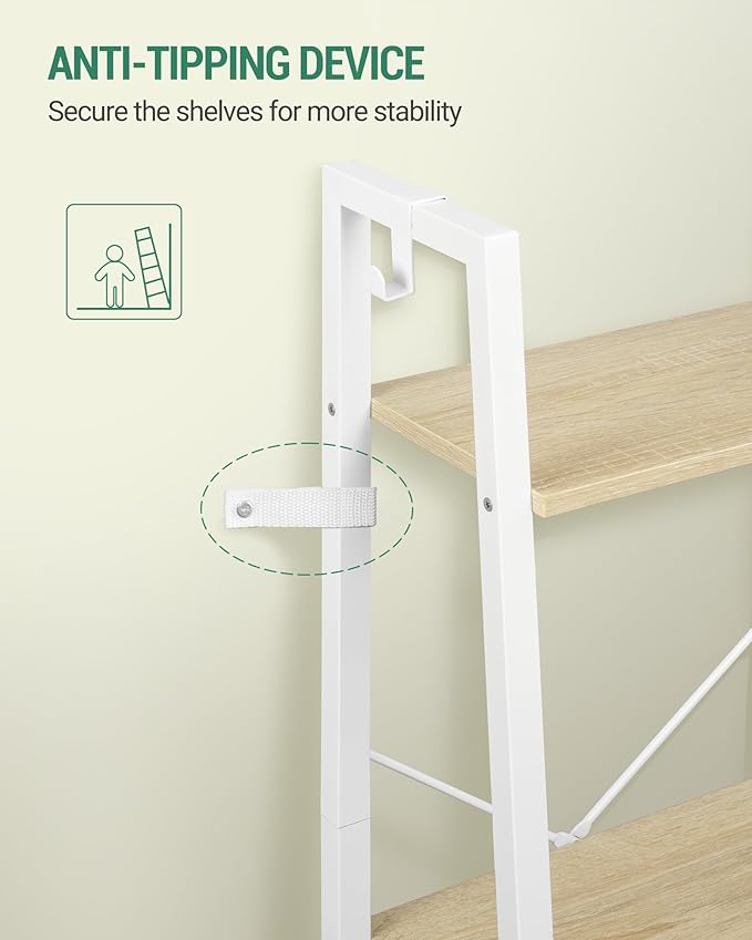Hzuaneri Ladder Shelf, Bookshelf Bookcase, Freestanding Corner Storage Shelve with 2 Hooks for Home Office, Living Room, Kitchen, Bedroom, Industrial, 11.8" D x 13.4" W x 47.2" H, White Oak and White