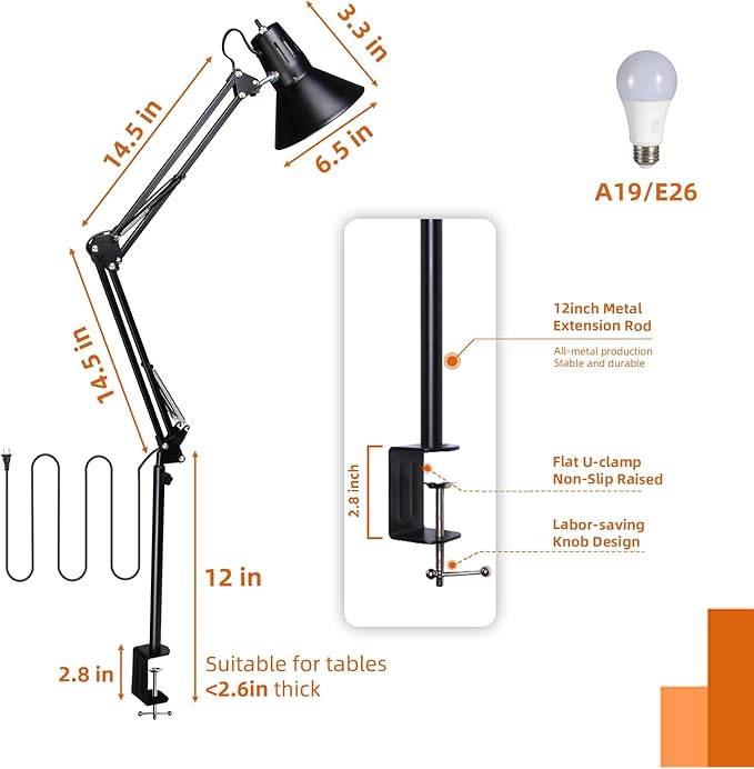 LED Desk Lamp Dimmable with Clamp, Eye-Caring Clip on Lights for Home Office, 3 Adjustable Color Temperature,Extra Tall Metal Swing Arm, High Intensity Clamp w/A19 E26 Bulb for Working Reading