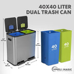80 Liter / 21 Gallon Rectangular Hands-Free Dual Compartment Recycling Kitchen Step Trash Can with Soft-Close Single Lid, Stainless Steel (40L x 40 L Capacity) Stainless Steel Finish