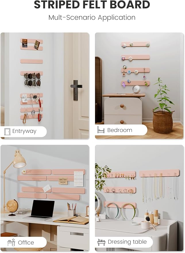 Fluxynara Cork Board Alternative Felt Strip Board 8-Pack 13"x2", Office Pin Board with 50 Push Pins, Adhesive Install for Bedroom Door & Home Office(Pink)