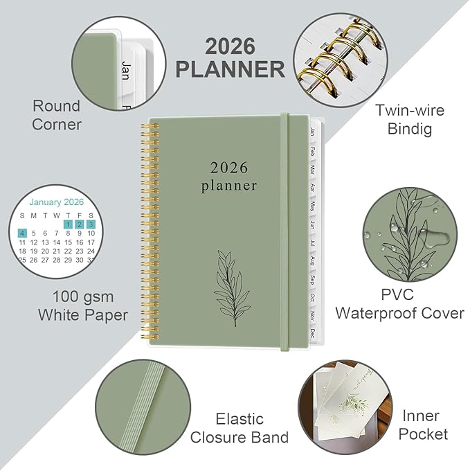 2026 Planner - Planner 2026 from January 2026 to December 2026 with 12 Monthly Tabs, Flexible Cover, Inner Pocket, 8.5" x 11", Green