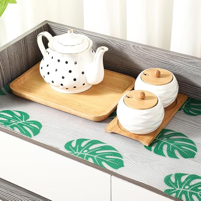 Monstera Shelf Liner for Drawers and Cabinets - Non Adhesive Waterproof Washable Cabinet Liner, Decorative Tropical Leaves Contact Paper for Kitchen Shelves, Pantry, Closet, Fridge